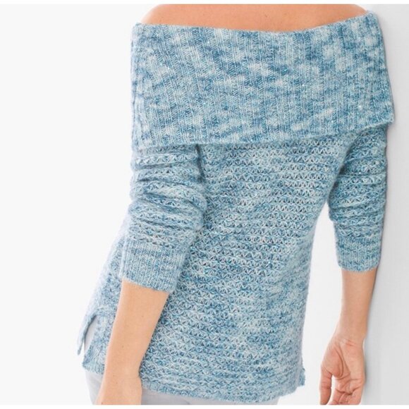 CHICO'S Turquoise Blue "Dorothy" Off-Shoulder Sequins Long-Sleeve Sweater NWT S - Picture 3 of 9